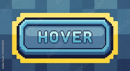 Retro Pixel Art 'HOVER' Button for Game UI Design on Checkerboard Background