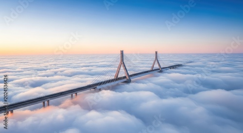 A sleek modern bridge with architectural precision extends across a vast white sea of clouds under a clear blue sky at high altitude dawn, sky, structure, futuristic
