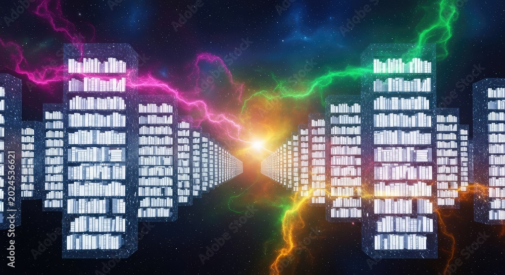 Obraz premium A vast celestial library floats within a glowing nebula, where infinite rows of luminous bookshelves stretch across the cosmic horizon forever, ethereal, mystery, mystical