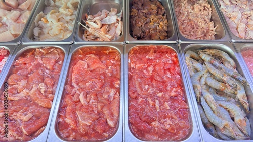 Self Service Buffet Ingredients, food restaurant tray, Asian Hot Pot Food Counter