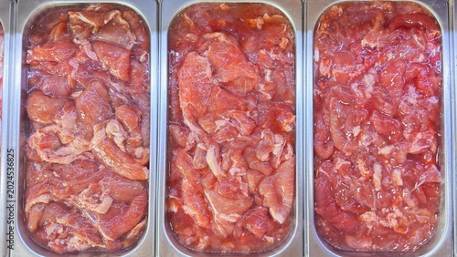 Marinated Pork Meat Tray, BBQ Buffet Ingredient Background, food restaurant display 