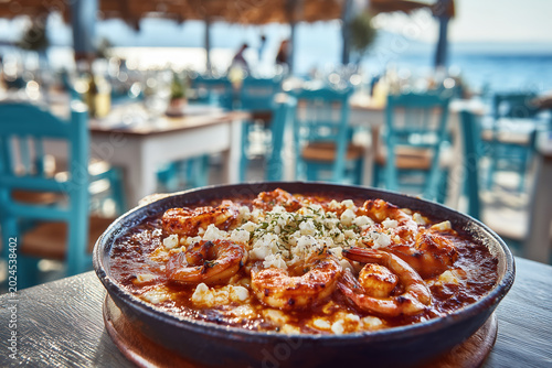 Traditional greek seafood saganaki on table overlooking the blue sea