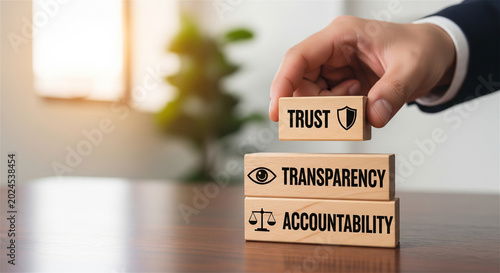 Corporate trust and transparency concept, wooden blocks with accountability text, businessman building ethical business foundation