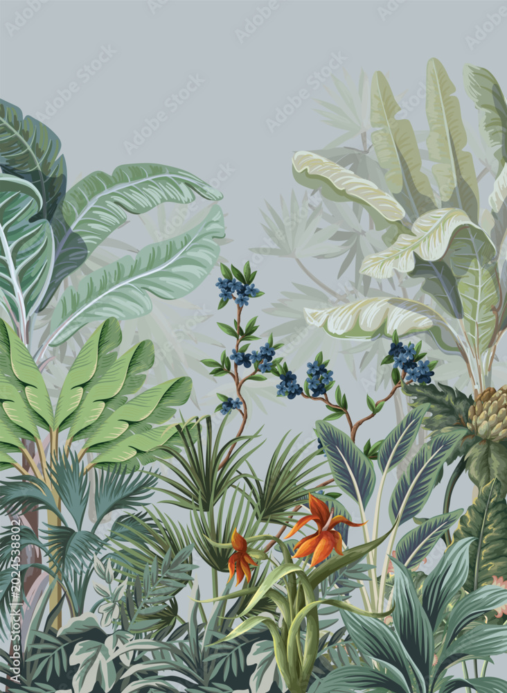 Fototapeta premium Tropical Wall Mural Illustration, Mughal Garden Wallpaper, Palm Tree.