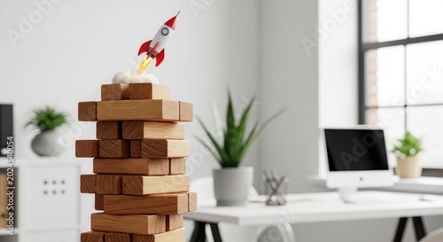 A miniature toy rocket lifts off from a stack of natural wooden building blocks set against a bright, minimalist creative office background, creative, learning, progress