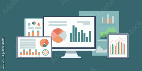 data analysis dashboard with charts and graphs flat vector illustration