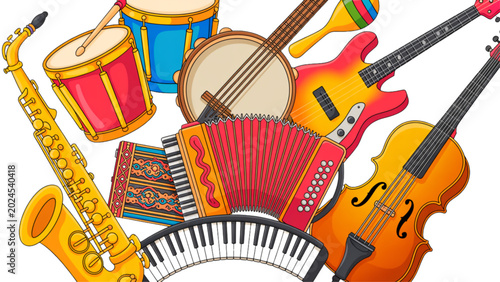 Foto Colorful illustration of musical instruments including saxophone, trumpet, and d