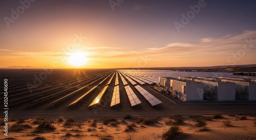 A sprawling array of photovoltaic panels stretches across a sun-drenched desert landscape, complemented by large battery storage containers, battery, desert, hardware