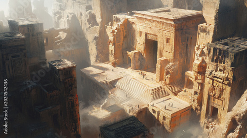 Monumental architecture of an ancient civilization with geometric energy symbols on walls. Mysterious yet believable lost world concept
