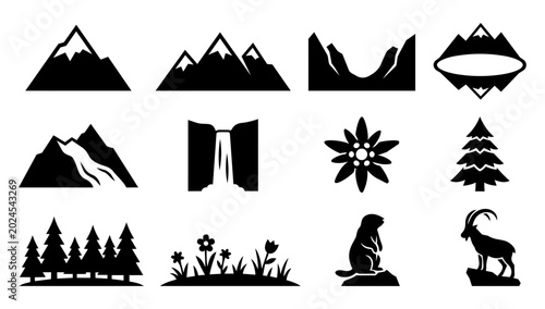 Obraz na płótnie Alpine Landscape and Nature Silhouette Icons Set