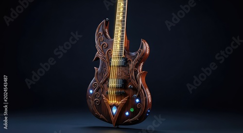 An ornate fantasy guitar crafted from dark enchanted wood and glowing golden strings rests against a solid deep black studio background, design, glowing, object