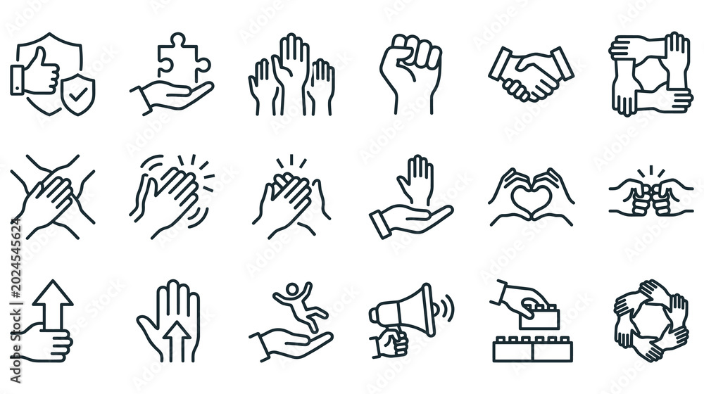 Fototapeta premium Teamwork cooperation and unity vector icons set hands people collaboration.