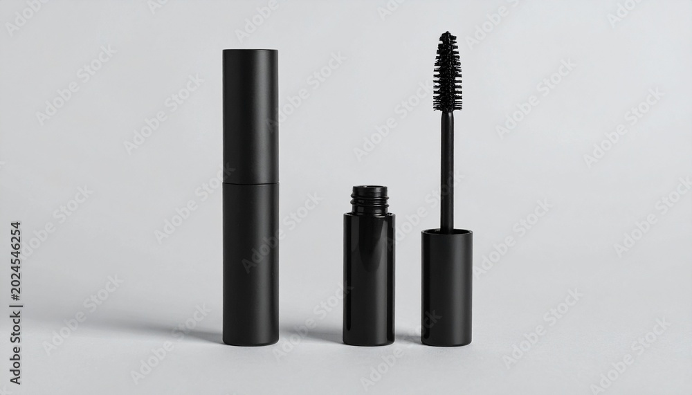 Obraz premium “A black mascara tube with its wand stands upright on a minimal surface, symbolizing beauty, elegance, and the artistry of enhancing eyelashes.”