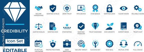 Bild auf Leinwand Editable credibility and trust vector icon set featuring security, verification, and reliability symbols in two-tone blue