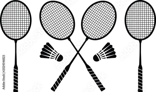 Professional black badminton racket and shuttlecock silhouette set for dynamic athletic club branding on bright white background.