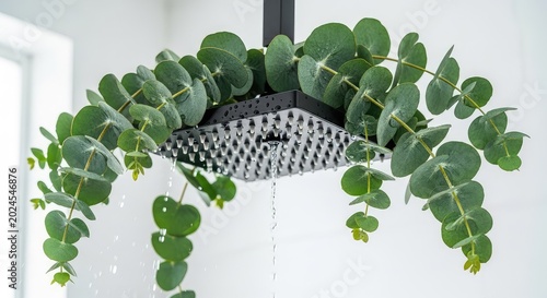 Fresh eucalyptus branches hanging from a modern metal shower head with gentle water droplets, creating a peaceful home spa wellness vibe, therapeutic, spa, aromatherapy
