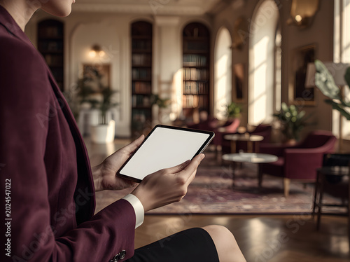 Businesswoman Holding Tablet with Blank Screen in Luxury Library