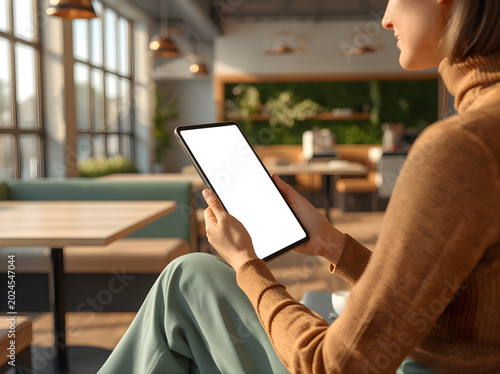 Woman Holding Digital Tablet with Blank Screen in Modern Cafe