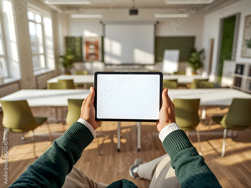Person holding tablet with blank screen in modern classroom environment