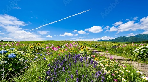 Colorful wildflower field with wooden path under bright blue sky
