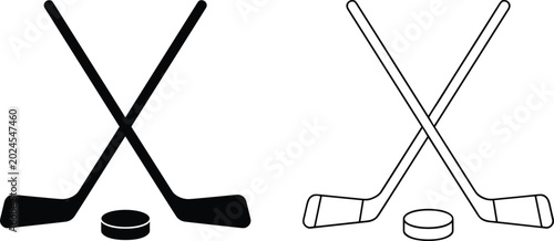 Crossed ice hockey sticks and puck icon set with solid and outline versions showing competitive spirit brightly on white background.