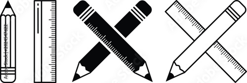 Foto Professional black and white school icons showing pencils and rulers for drafting with flat lighting on white background