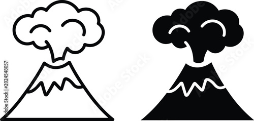 Foto Minimalist erupting volcano icons in outline and solid black versions featuring smoke clouds on an isolated white background
