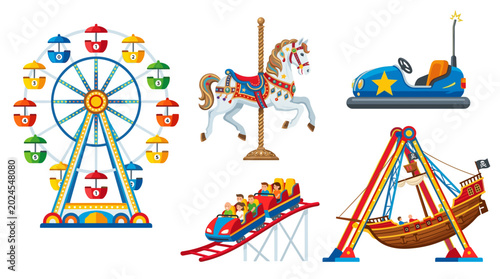 vector flat amusement park rides set ferris wheel carousel rollercoaster and pirate ship