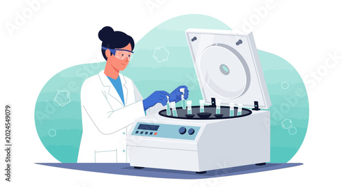 Scientist working with centrifuge and test tubes in laboratory, scientific research concept