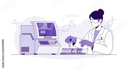 Scientist working with DNA sequencer and test tubes in modern laboratory