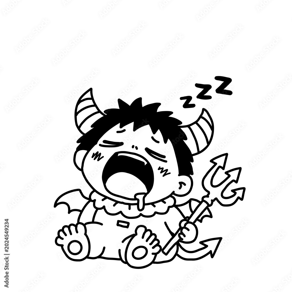 Fototapeta premium Cute Baby Devil Sleeping, Drooling, Trident, Simple Line Art 