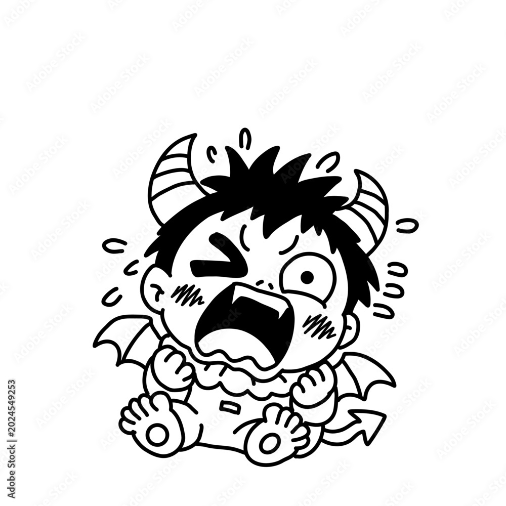Fototapeta premium ゆるかわ小悪魔ベビー・大泣き・涙・シンプル線画イラスト 