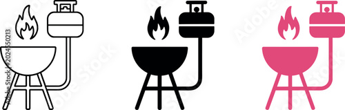Canvastavla Gas grill barbecue icon set with propane tank and fire flame in outline black si