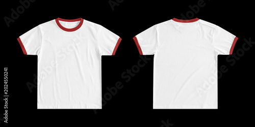 Tableau sur toile Blank white and red ringer t-shirt mockup, isolated on a black background, showcasing front and back views