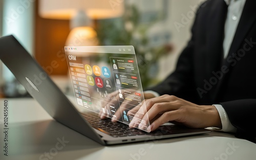 A person in a dark suit is typing on a laptop with a holographic interface displaying CRM data including charts and user profiles with colorful and avatars, suggesting business analytics and