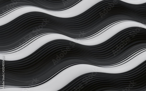 Abstract wavy pattern of alternating dark grey ribbed lines and smooth white stripes, creating a dynamic, textured, and visually striking background