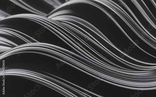 An abstract close-up of parallel, wavy lines in shades of dark grey and silver, creating a sense of depth and a metallic, flowing texture with subtle highlights