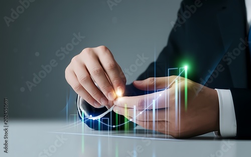 Close up of a person's hands manipulating a glowing financial stock market graph with rising bars and an upward arrow suggesting active management of investment strategies and financial planning