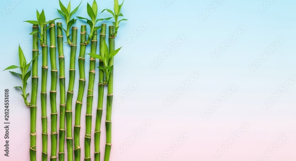 Obraz premium Slender green bamboo stalks arranged vertically against a soft pastel background, evoking a sense of tranquility and natural purity, pattern, woodsy, stalks