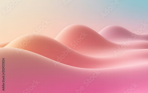 Gentle abstract landscape of smooth rolling hills in soft pink and peach tones with a subtle gradient sky creating a warm and tranquil visual experience