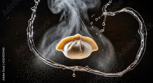 Steaming hot dumplings floating against a dark rustic background with flour dust and water splashes creating a dynamic cinematic scene, dynamic, dumplings, savory