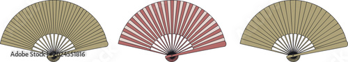 Set of traditional folding hand fan icons in vintage tan and red colors for Asian culture summer cooling and decorative fashion accessory design