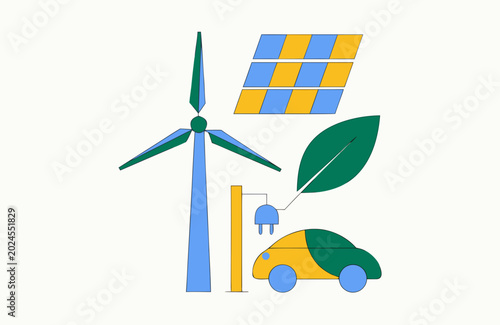 renewable energy concept, wind turbine solar panel green leaf electric car charging station