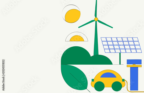 renewable energy concept, wind turbine solar panel green leaf electric car charging station