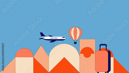 minimalist travel concept, stylized mountain landscape with airplane hot air balloon and suitcase