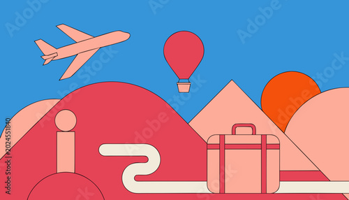 minimalist travel concept, stylized mountain landscape with airplane hot air balloon and suitcase