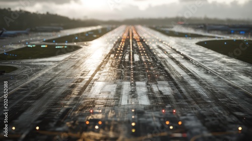 Wet Airport Runway with Reflections and Dramatic Sky During Sunset