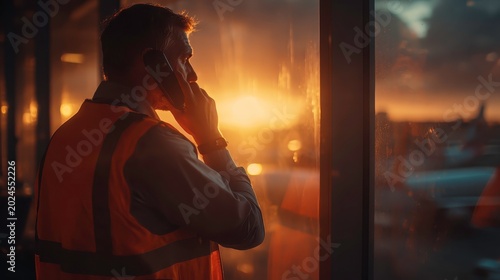 Silhouette of Businessman in Safety Vest Making Call at Sunset