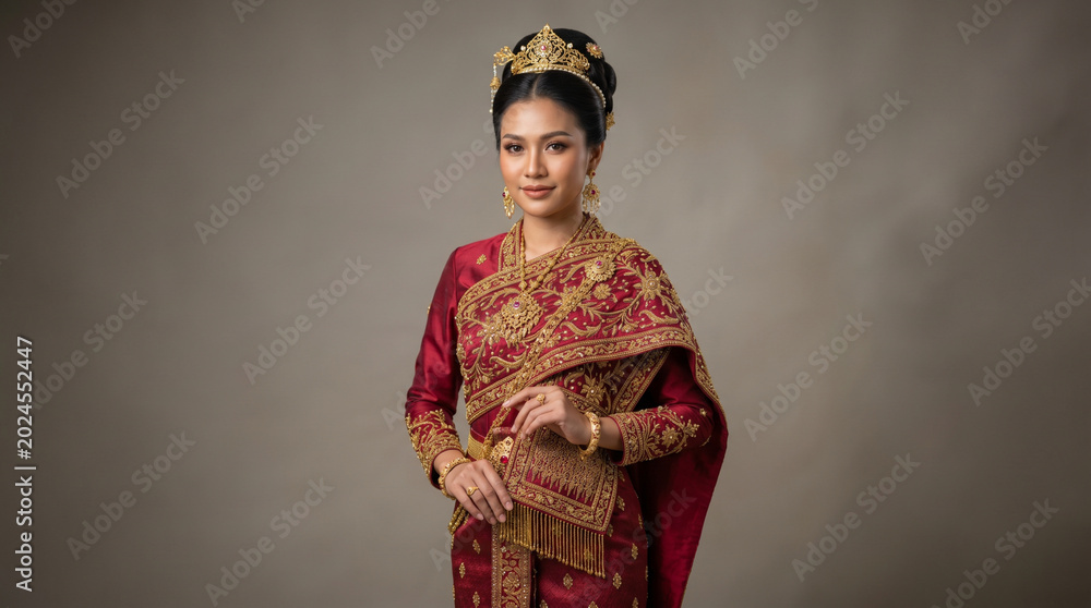 Obraz premium Elegant Woman in Traditional Thai Silk Dress and Gold Crown for Cultural Celebration