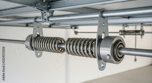 Close-up of a metal torsion spring system on a garage door mechanism
